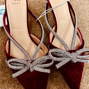 a new day Burgundy Velvet Pointed Slingback Heels with Crystal Bow